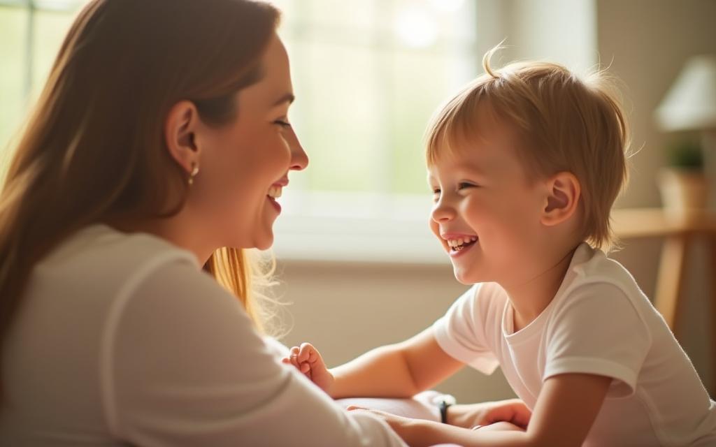 Happy child learning to speak with an adult